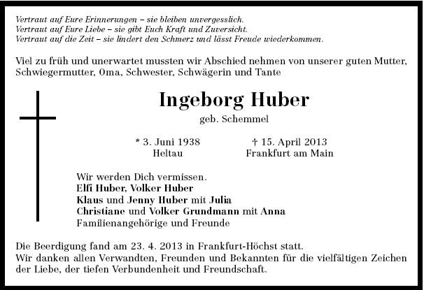 Schemmel Ingeborg 1938-2013 Todesanzeige